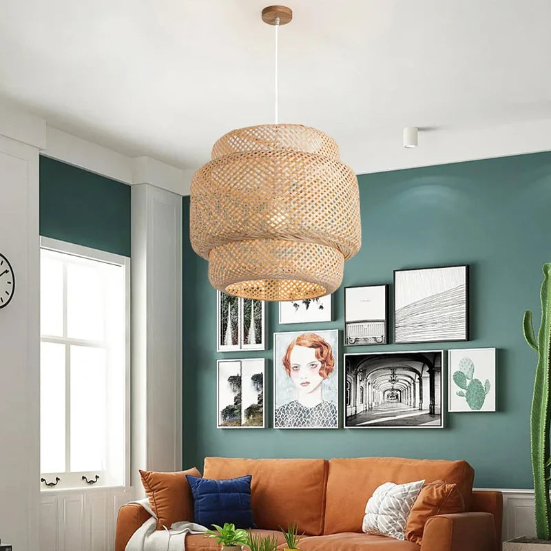 Bamboo Modern Pendant Light with Hand Woven Shade for Bedroom and Dining Room