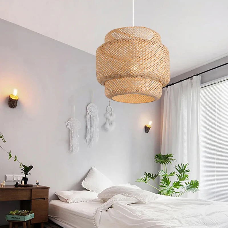 Bamboo Modern Pendant Light with Hand Woven Shade for Bedroom and Dining Room