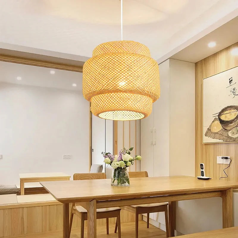 Bamboo Modern Pendant Light with Hand Woven Shade for Bedroom and Dining Room