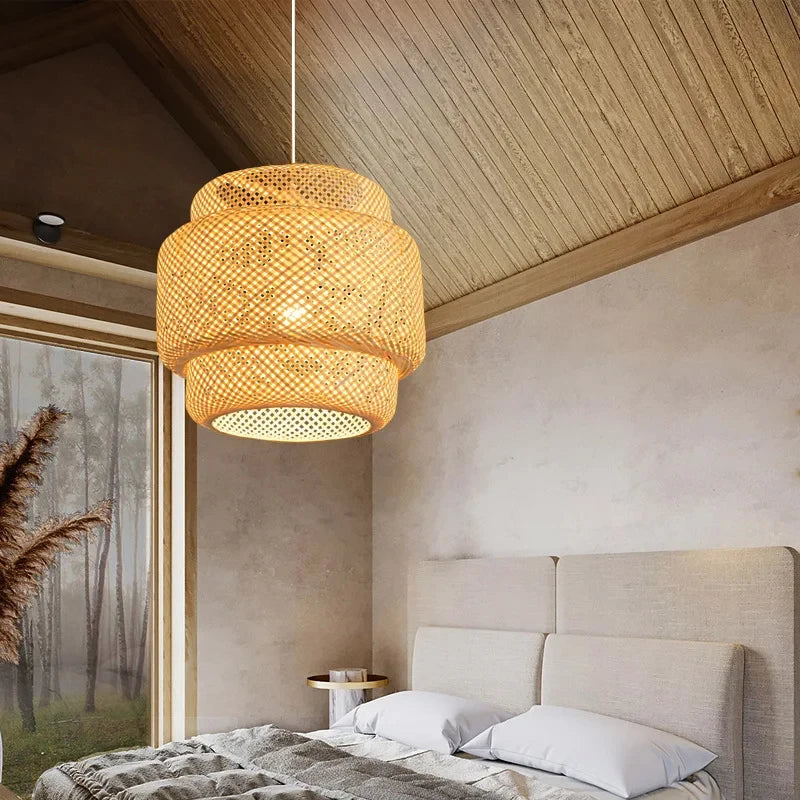 Bamboo Modern Pendant Light with Hand Woven Shade for Bedroom and Dining Room