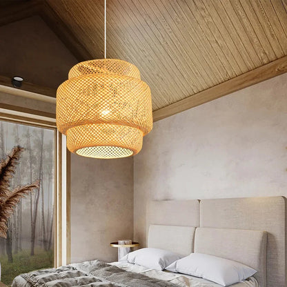 Bamboo Modern Pendant Light with Hand Woven Shade for Bedroom and Dining Room